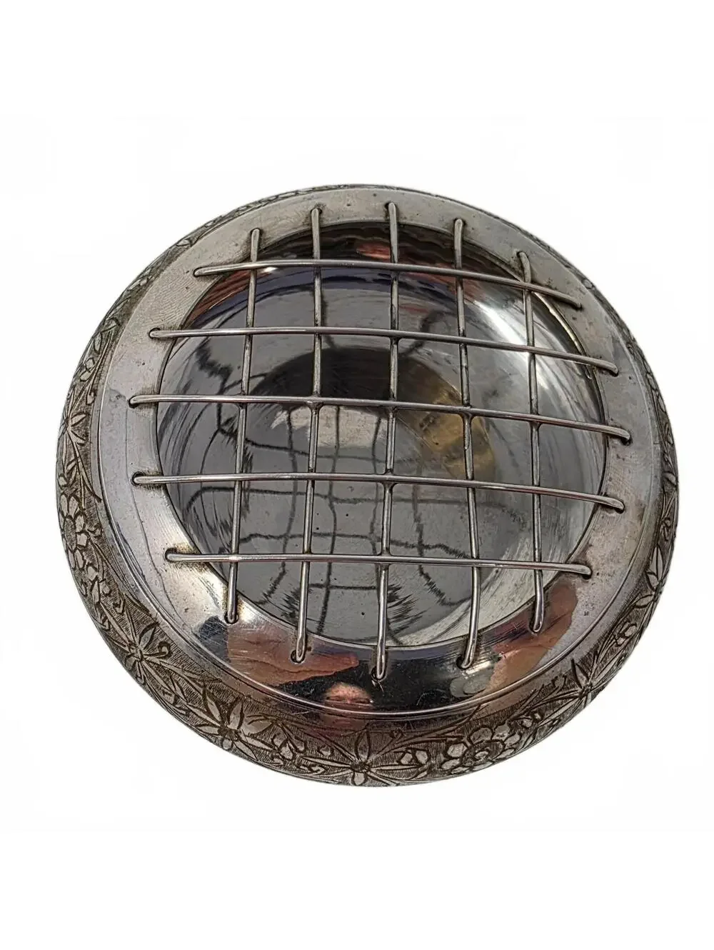 Vintage Aftab India Silverplate Flower Frog Bowl Engraved Floral Arranger
